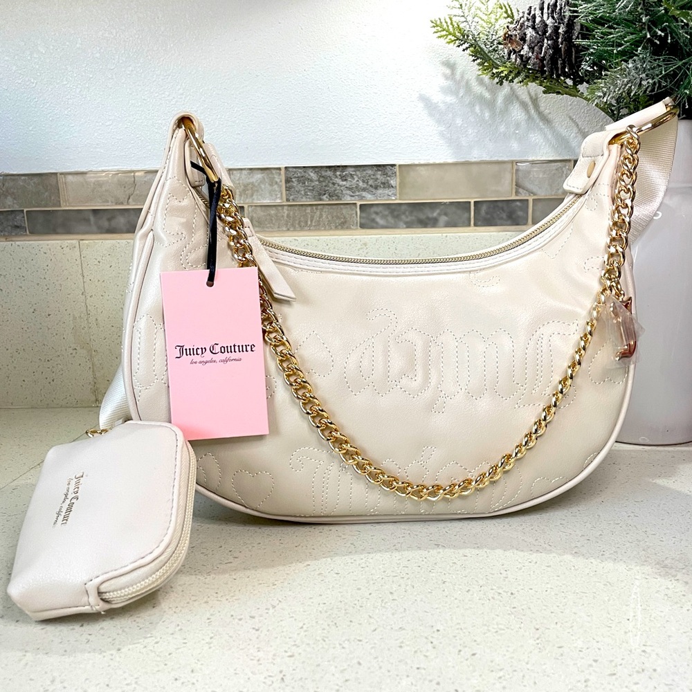 NEW‎ Juicy Couture Cream Embossed Logo Hobo Bag Crossbody Strap and Coin Pouch